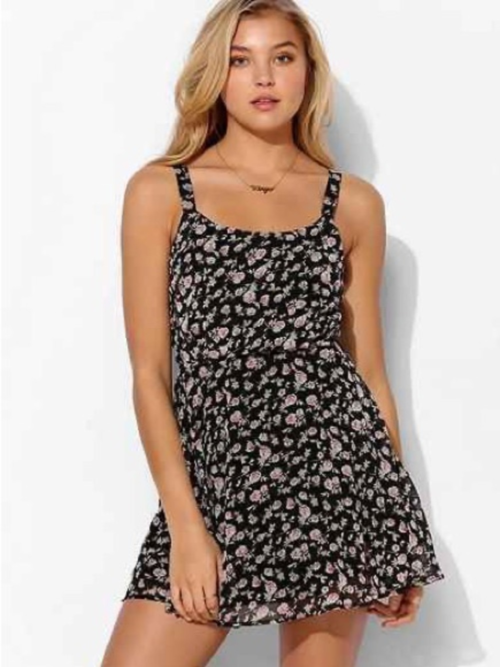 Lucca Couture Black Mini Dress with Pink Rose Print